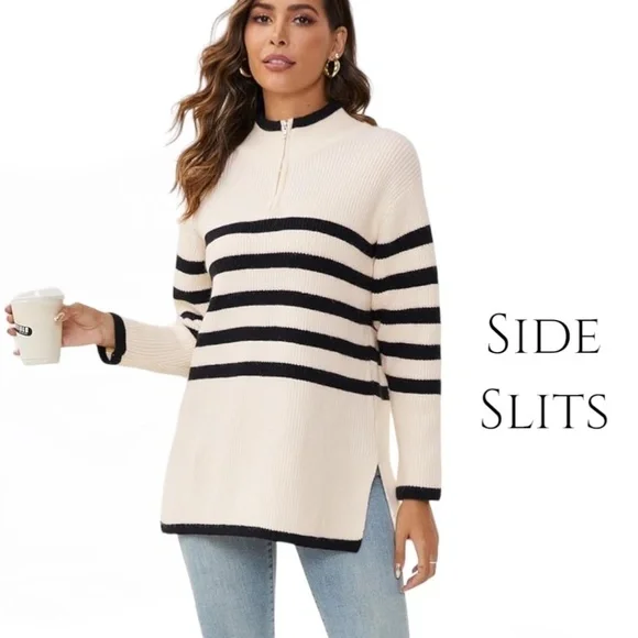 Striped Half Zip Side Slit Relaxed Casual Pullover Sweater - Picture 5 of 16